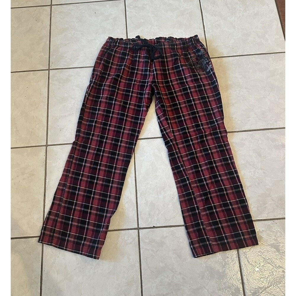 Y2K Harley-Davidson Pajama Pants Women L Red Black Plaid Drawstring Silver Logo